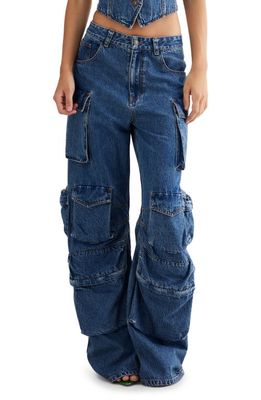 LIONESS Smokeshow Low Rise Cargo Jeans in Blue Denim