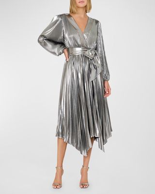 Liora Pleated Metallic Handkerchief Midi Dress