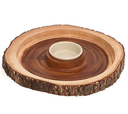 Lipper Acacia Bark Round Dipping Platter with C eramic Bowl