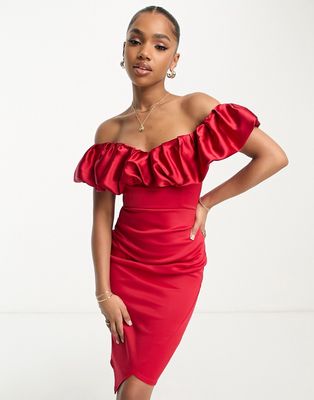 Lipsy bandeau satin ruched bodycon midi dress in red