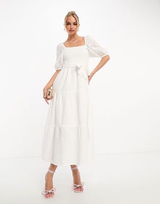 Lipsy broderie sleeve square neck belted midi dress in white