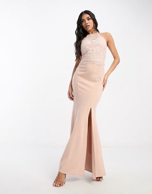 Lipsy halter neck maxi dress with lace detail in light pink