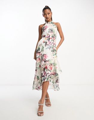 Lipsy halterneck midi dress with wrap skirt in floral print-Pink