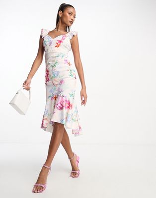 Lipsy midi dress with frill hem in white floral-Pink