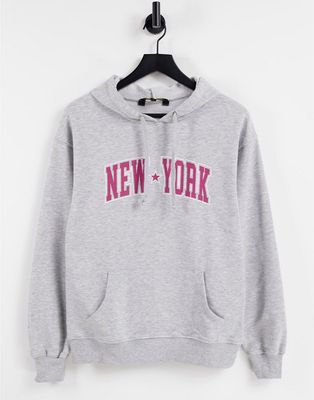 Lipsy new york slogan hoodie in gray-Grey