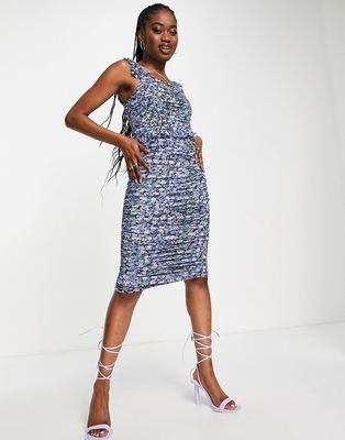 Lipsy square neck ruched body-conscious midi dress in blue floral print-Multi