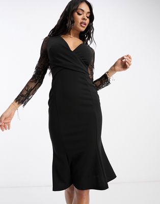 Lipsy wrap midi dress with lace detail in black