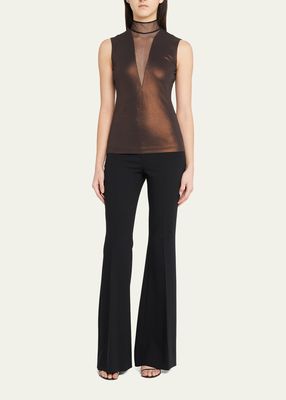 Liquid Jersey Top with Tulle Neck Detail