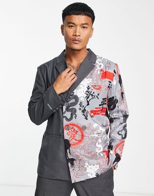 Liquor N Poker oversized double breasted blazer in spliced gray with dragon print