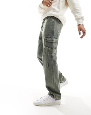 Liquor N Poker relaxed cargo jean with strap in dirty green wash - part of a set