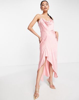 Liquorish Bridesmaid Editorial satin slip dress with ruffle detail in soft rose pink