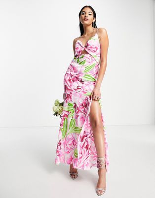 Liquorish Bridesmaid satin twist front maxi dress with slit in overscale green floral