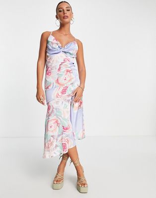 Liquorish Bridesmaid satin twist front midaxi dress with panel in placement floral-Multi
