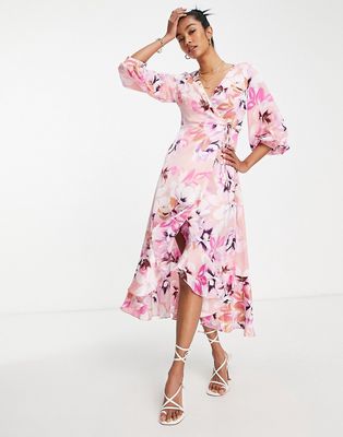 Liquorish Bridesmaid satin wrap midi dress with puff sleeve in pastel floral print-Multi