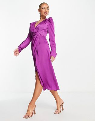 Liquorish Bridesmaids satin maxi wrap top dress with wrap skirt in deep fuchsia-Pink