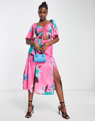 Liquorish floral midi dress with cut-out front in pink
