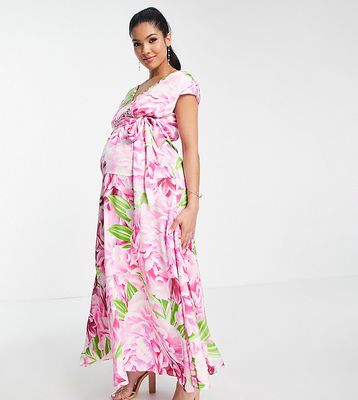 Liquorish Maternity plunge front maxi dress in green and pink floral-Multi