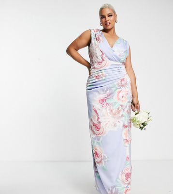 Liquorish Plus Bridesmaid satin wrap front maxi dress with wrap skirt in placement floral-Multi