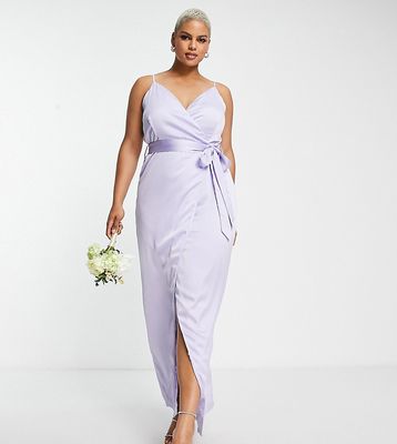 Liquorish Plus Bridesmaid satin wrap maxi dress with belt in lilac-Blue