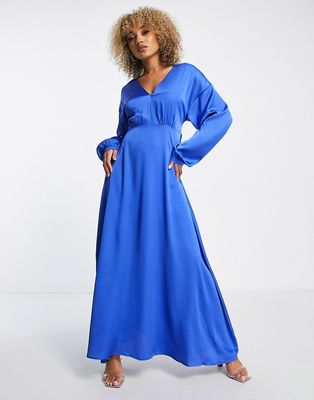 Liquorish satin maxi wrap dress with full skirt in cobalt blue