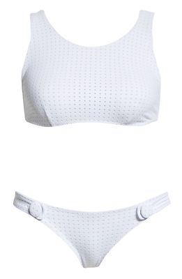 Lisa Marie Fernandez Button Detail Two-Piece Bikini in White Pale Blue Perforated