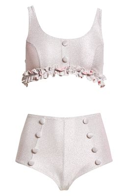 Lisa Marie Fernandez Colby High Waist Metallic Jacquard Two-Piece Swimsuit in Vintage Pink Silver Metallic