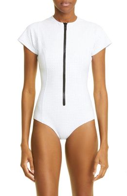 Lisa Marie Fernandez Farrah Short Sleeve Zip One Piece Swimsuit in White/Pale Blue