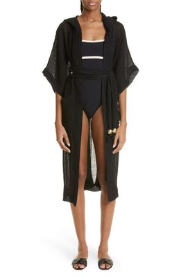 Lisa Marie Fernandez Hooded Linen Blend Gauze Cover-Up Robe in Black Organic Gauze