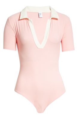 Lisa Marie Fernandez Johnny Collar Bodysuit in Pink Crepe W Cream
