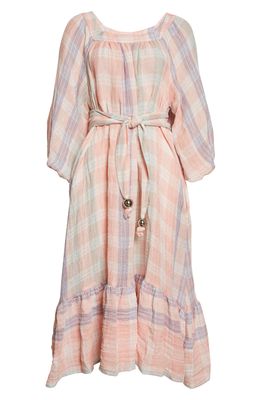 Lisa Marie Fernandez Laure Plaid Belted Stretch Linen Cover-Up Midi Dress in Madras Multi Plaid Gauze