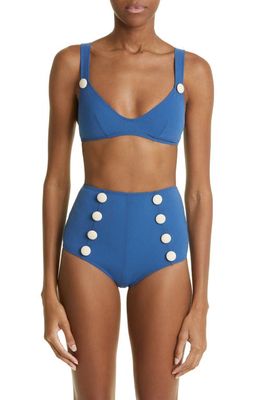 Lisa Marie Fernandez Magdalena Button High Waist Crepe Two-Piece Swimsuit in Navy Crepe