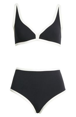 Lisa Marie Fernandez Maria High Waist Two-Piece Swimsuit in Black Crepe W Cream Piping