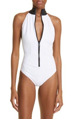 Lisa Marie Fernandez Mock Neck Zip-Up One-Piece Swimsuit in White/Pale Blue