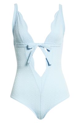 Lisa Marie Fernandez Scallop Bow Seersucker One-Piece Swimsuit in Vintage Blue Seersucker