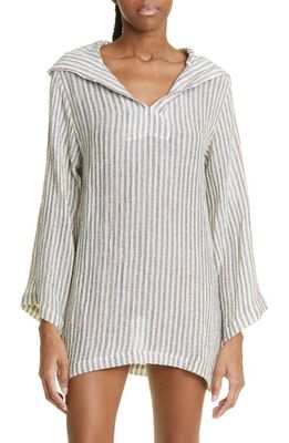 Lisa Marie Fernandez Stripe Stretch Linen Beach Tunic Cover-Up in Natural Navy Brown