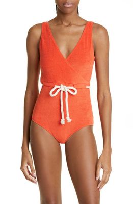 Lisa Marie Fernandez Yasmin Belted Stretch Cotton Terry Cloth One-Piece Swimsuit in Tomato Terry