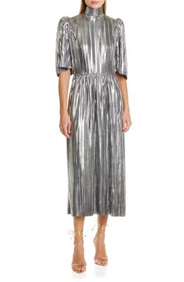 LISOU Diane Pleated Puff Sleeve A-Line Dress in Silver