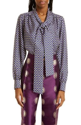 LISOU Tie Neck Long Sleeve Silk Blouse in Purple Pebble Print