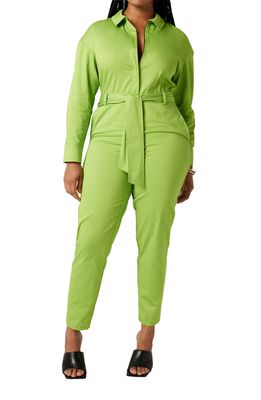 LITA by Ciara Born Free Half-Zip Long Sleeve Belted Stretch Cotton Jumpsuit in Acid Lime