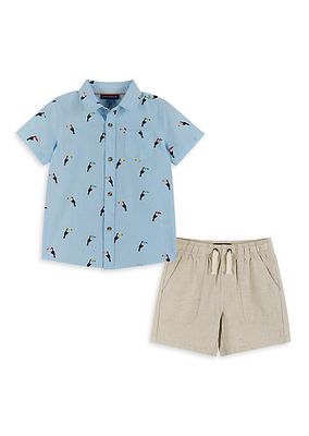 Little Boy's & Boy's Bird Cotton Shirt & Linen-Blend Shorts Set