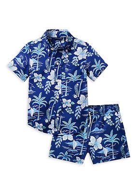 Little Boy's & Boy's Island Hibiscus Button-Down Shirt & Swim Trunks Set