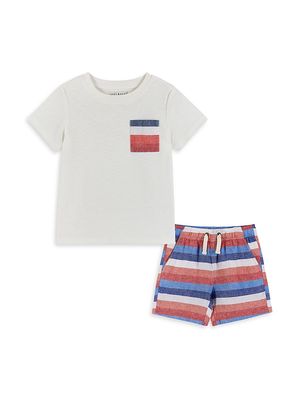 Little Boy's & Boy's Striped Cotton T-Shirt & Linen-Blend Shorts Set - Blue Red Multi - Size 7