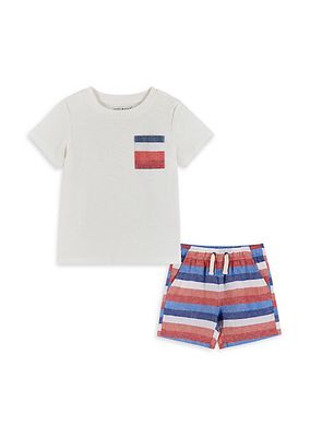 Little Boy's & Boy's Striped Cotton T-Shirt & Linen-Blend Shorts Set