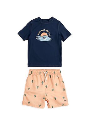 Little Boy's & Boy's Sun's Up Surf's Up Graphic T-Shirt & Swim Shorts Set