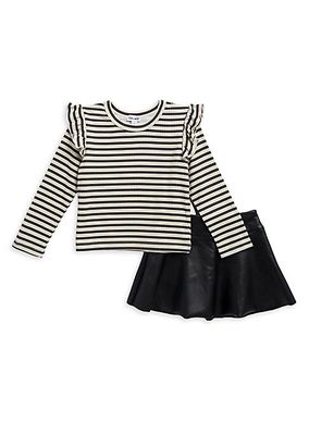 Little Girl's 2-Piece Striped Bodysuit & Faux Leather Skirt