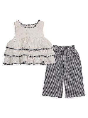 Little Girl's 2-Piece Tiered Eyelet Top & Gingham Pants Set - Black White - Size 5