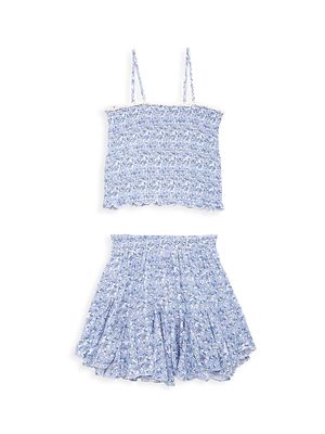 Little Girl's & Girl's 2-Piece Floral Smocked Top & Ruffle Skirt Set - Blue Ivory - Size 14