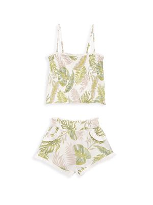 Little Girl's & Girl's 2-Piece Leaf Print Smocked Top & Fringe Shorts Set - Sage Khaki - Size 14 - Sage Khaki - Size 14