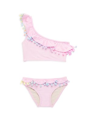 Little Girl's & Girl's 2-Piece One-Shoulder Pom Pom Bikini - Pink Pearl - Size 2 - Pink Pearl - Size 2