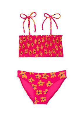 Little Girl's & Girl's 2-Piece Smocked Floral Print Bikini Set